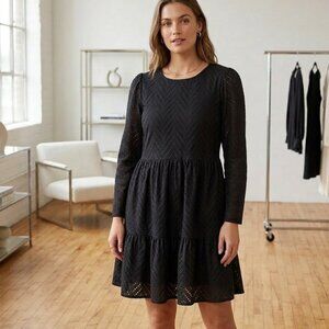 NWT JDY Black Eyelet Lace Tiered Babydoll Dress Long Sleeve Mini Dress Size M